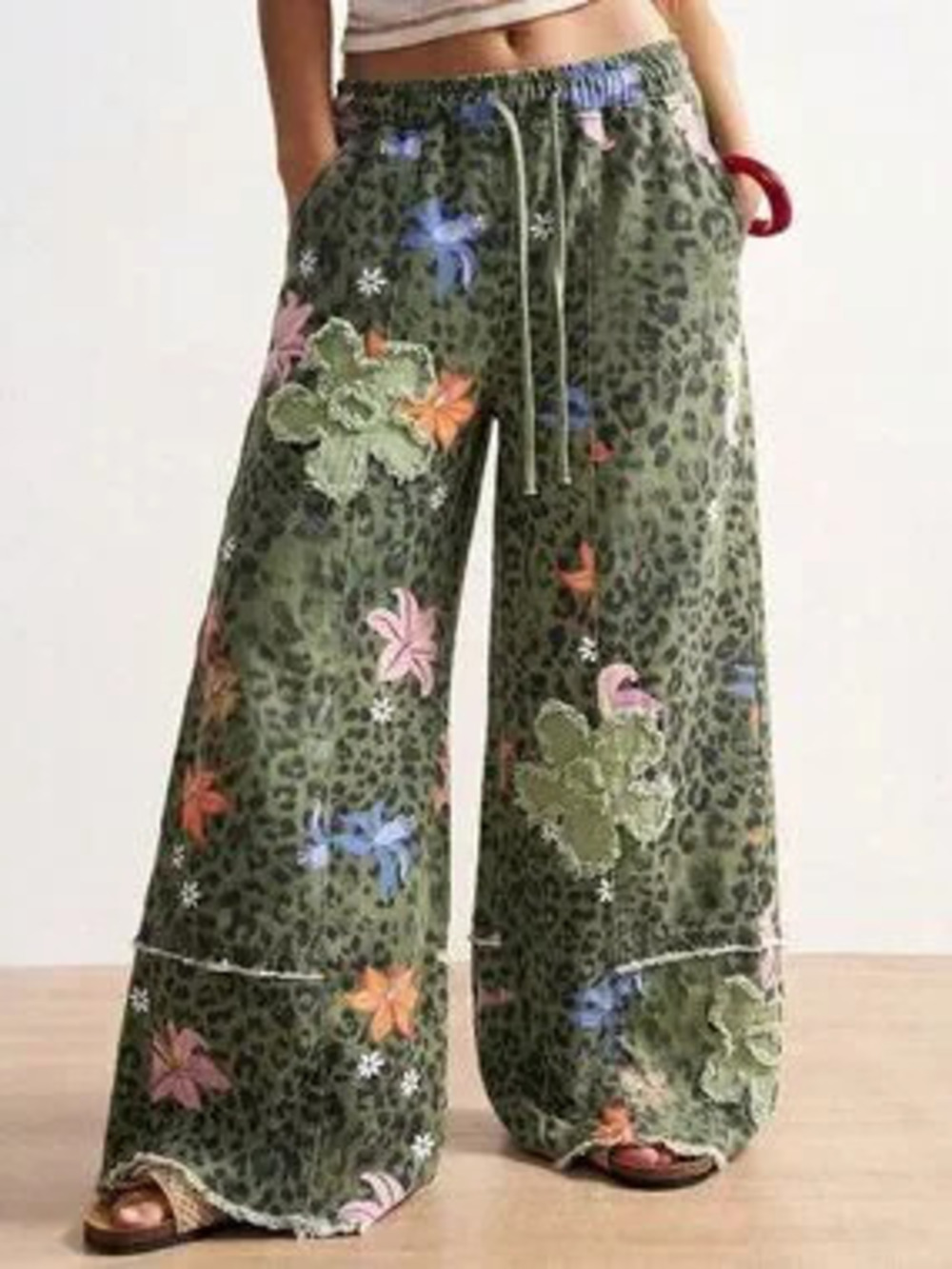 ZARA Army Green Casual Women's Leopard Print Floral Wide Leg Loose Long Pants